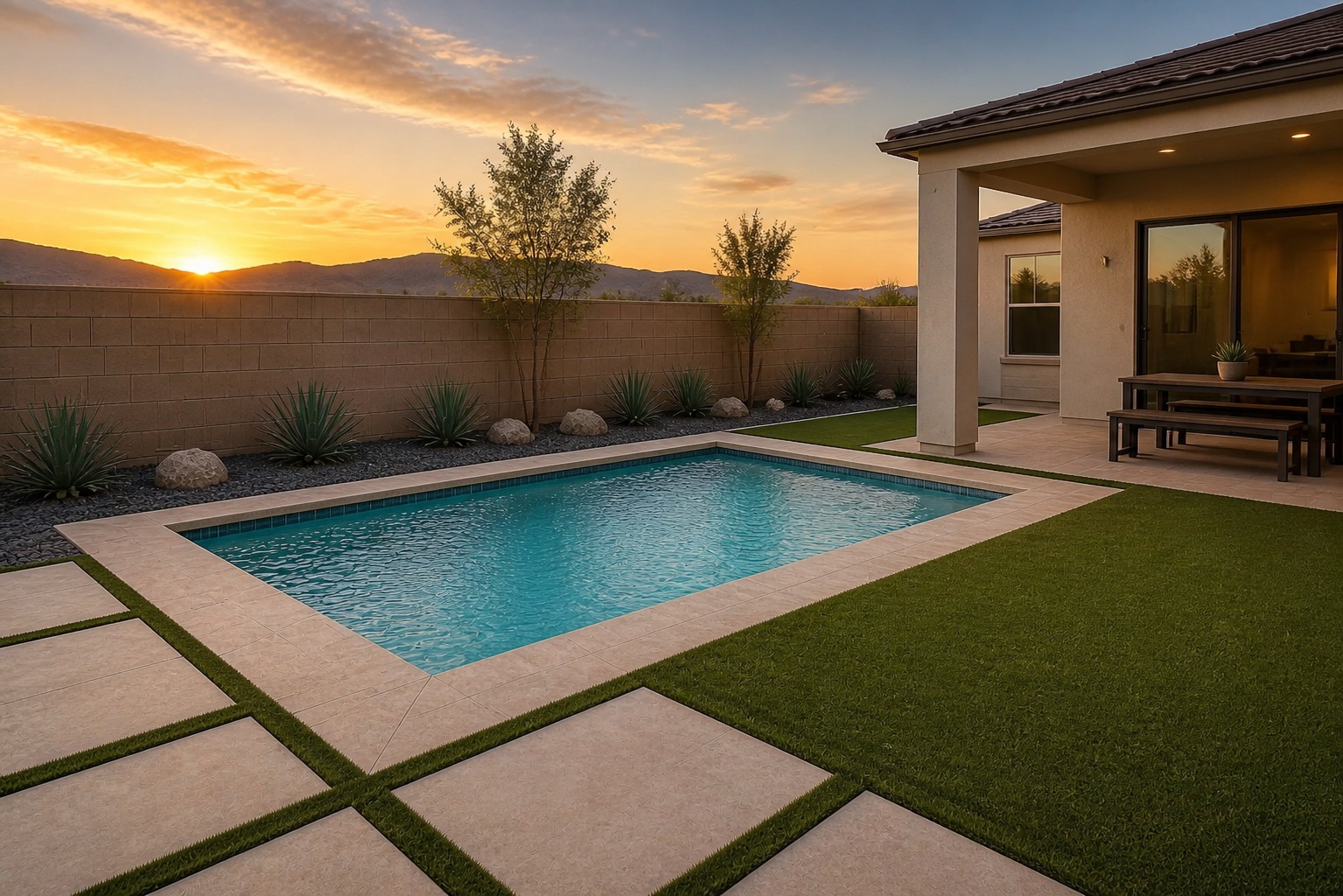 Concept visualization of a small 15 by 10 foot cocktail pool in a Las Vegas backyard